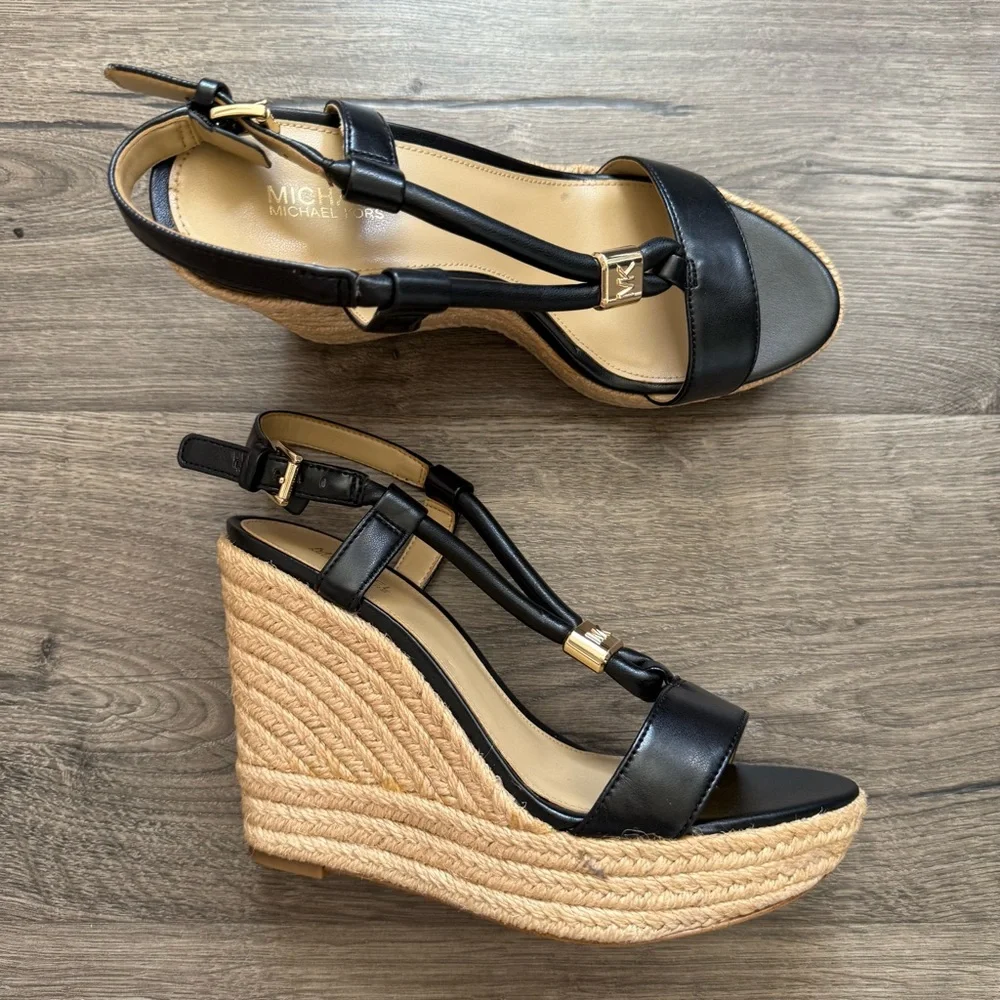 Michael Kors Annie Black Leather Espadrille Wedge Sandals size 7 Women